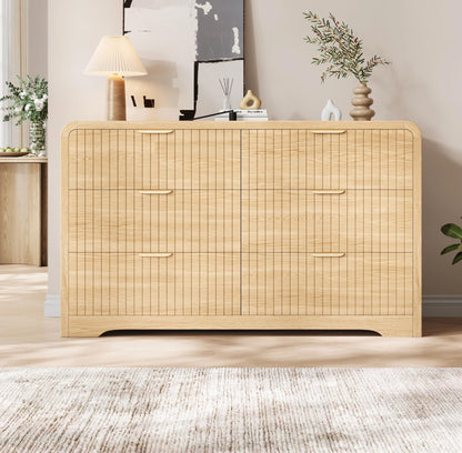 Jocoevol Modern 6 Drawer Dresser, 47" Wide Wood Dressers & Chests of Drawers Curved Profile Design, Mid Century Modern Fluted Dresser for Bedroom, Natural Oak