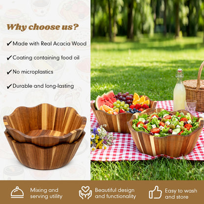 Ferrochef 2 Pcs Scalloped Decorative Wooden Bowl 12 Inch Acacia Wood Fruit & Serving Bowl Handcrafted Rustic Decorative Bowls for Fruit, Salad, Snacks and Home Kitchen Counter Decor Wedding Decor