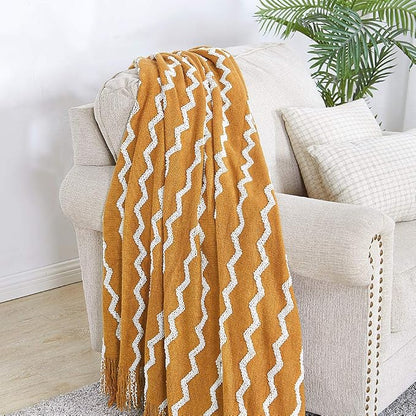 BOURINA Fluffy Chenille Knitted Fringe Throw Blanket Lightweight Soft Cozy for Bed Sofa Chair Throw Blankets, Dark Gold 50" x 60"