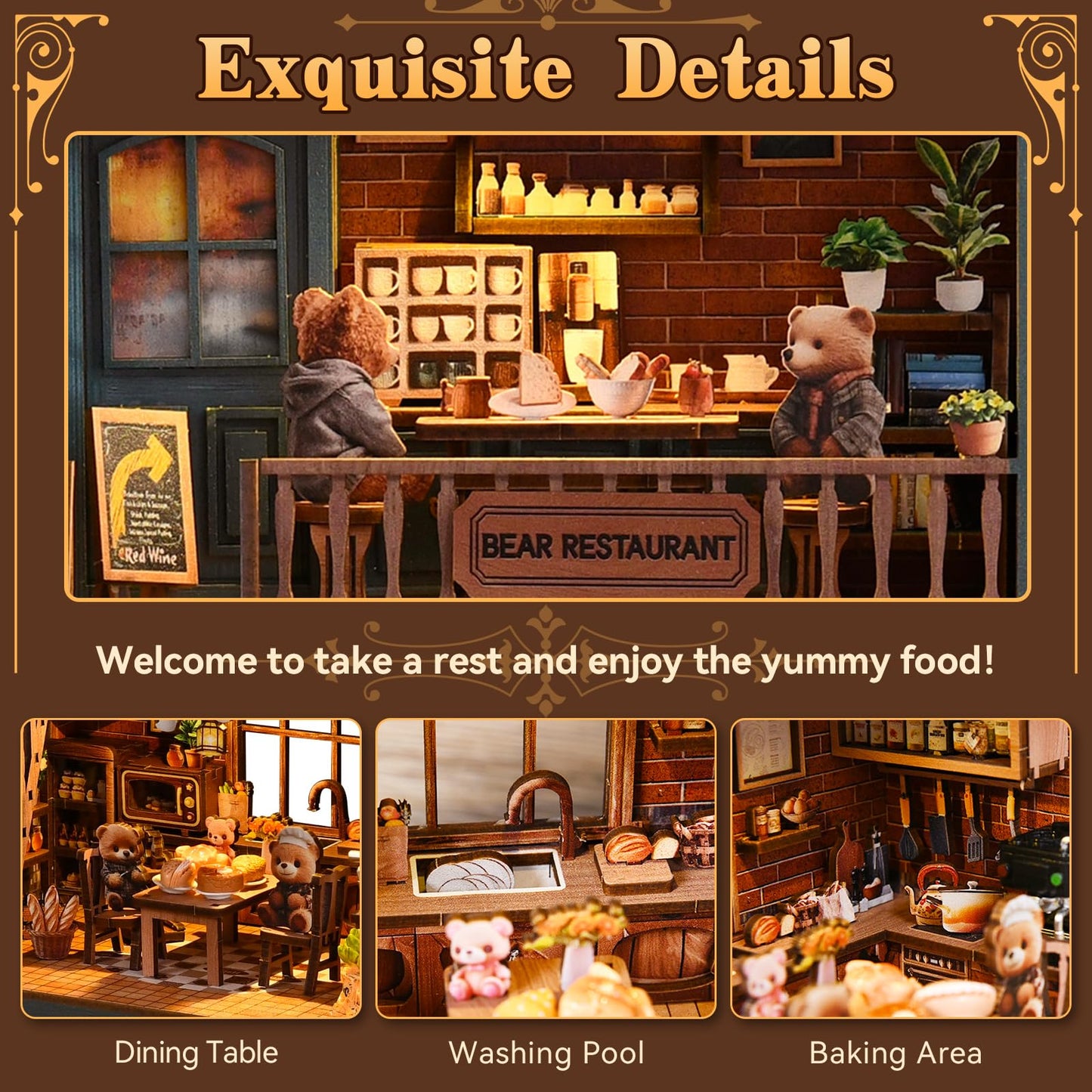 Hallisun DIY Miniature House Kit, Mini 3D Wooden Bear Restaurant Building Kit with Furniture and LED, Tiny Diorama Dollhouse Model Set, Handmade House Craft Birthday for Adults Teens