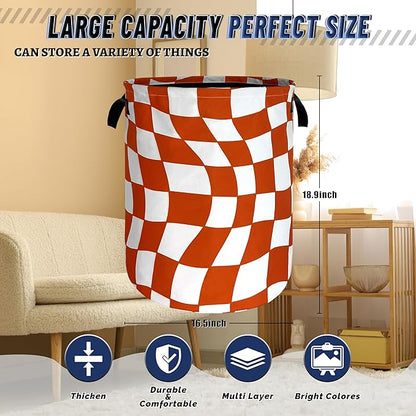 Orange Checkerboard Laundry Hamper Foldable Oxford Cloth Colorful Plaid Laundry