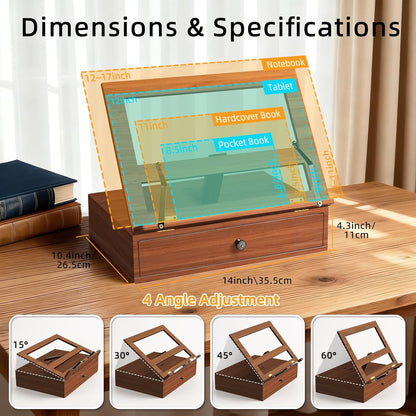 Wooden Book Stand for Reading，4 Adjustable Height Bible Stand with Storge,Book Page Holder for Bible,Recipe,Magazine,Laptop,Tablet
