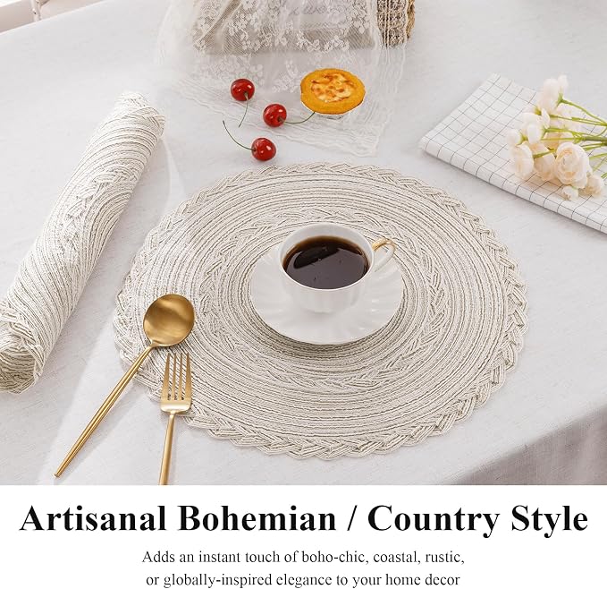 SHACOS Round Placemats Set of 4 Boho Braided Border Table Place Mats for Dining Table Wedding Holiday Party (Ivory Bordered, 4)