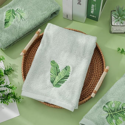 3Pcs Sage Green Gradient Hand Towels Tropical Palm Leaves Embroidered Cotton