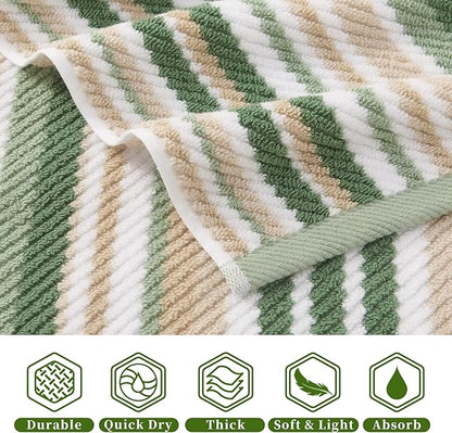 Green Bath Towels Set of 4, Striped Bath Towels