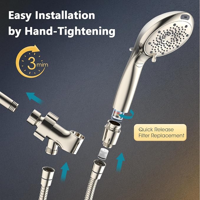 FASDUNT Filtered Shower Head with Handheld, 8-Mode Handheld Showerhead with Filters for Hard Water -Remove Chlorine, Built-in Power Wash, 80" Extra Long Stainless Steel Hose, Brushed Nickel
