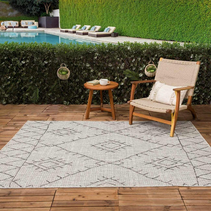 BoutiqueRugs Indoor/Outdoor Black Diamond 12ft Runner Rug Bohemian Taupe White Charcoal Tribal Trellis Marwood Hallway Kitchen Corridor Stairway Laundry Room 2'7" x 12' Stain Resistant Non-Shedding