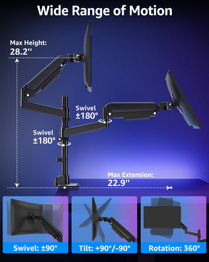 MOUNTUP Dual Monitor Stand Fits 49 45 42 40 39 34 32 Inch Screens, Heavy Duty Dual Monitor Arm Holds 7.7-44 lbs, Vertical Stacked Monitors Mount, Full Motion, Height Adjustable, VESA Mount