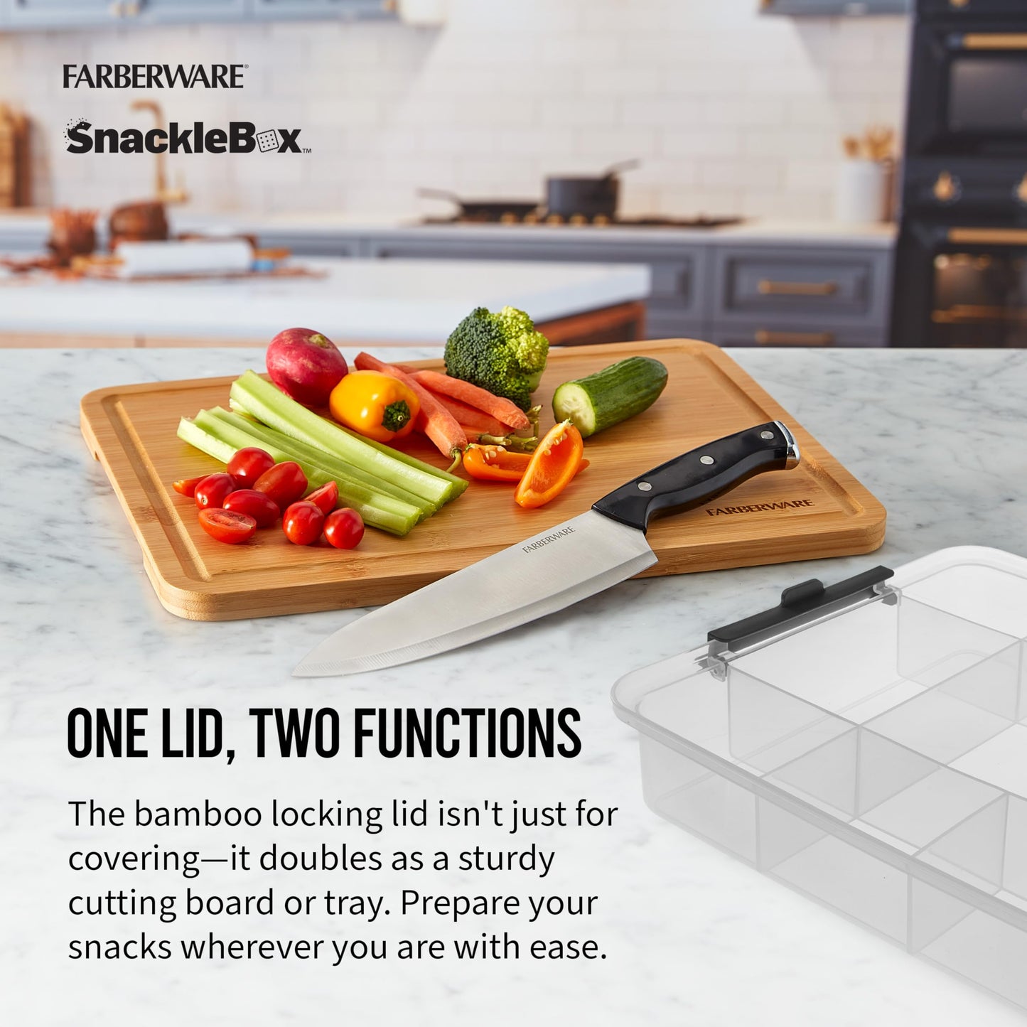 Farberware Snacklebox 11x16 Inch Bamboo Cutting Board Lid with 11-Compartment PP Snack Box, Locking Handles for Travel - Charcuterie Board with Lid for Picnics, Road Trips, and Outdoor Entertaining