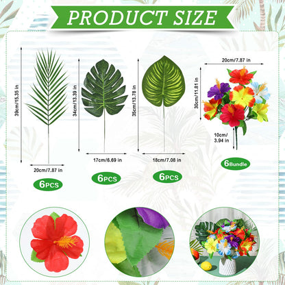 Hotop 24 Pcs Hawaiian Flower Centerpieces for Tables Artificial Palm Leaves Fake Hibiscus Flowers Tropical Party Decorations Supplies for Luau Safari Jungle Beach BBQ Theme Party Birthday Table Decor