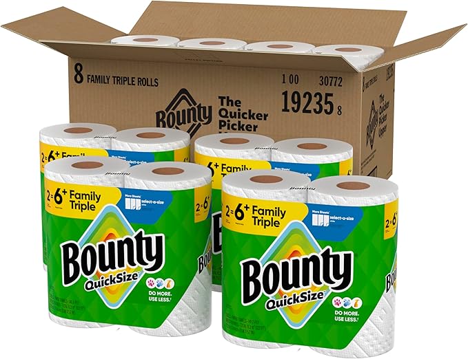 Bounty Quick-Size Paper Towels, 8 Family Triple Rolls = 27 Regular Rolls