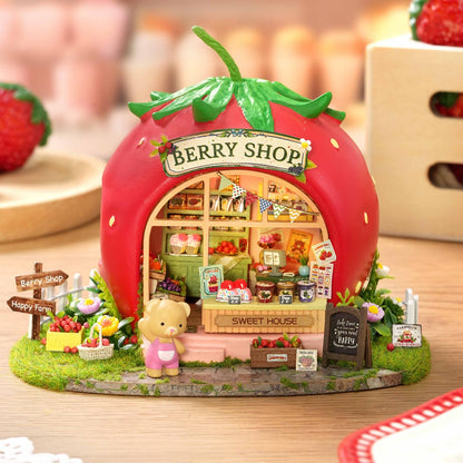TuKIIE DIY Miniature House Kit with Furniture, 1:100 Scale Creative Room Mini Wooden Dollhouse Book Nook for Kids Teens Adults(Berry Shop)