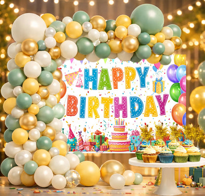 Sage Green and Gold Birthday Decorations Set for Men & Women, 131pcs Birthday Party Decor for Boys & Girls, Balloon Arch Kit, Backdrop, Cake Toppers, Happy Birthday Banner for Birthday Celebrations