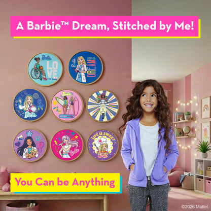 Barbie® Kids Embroidery Kit for Girls Ages 8-12 - Beginner Craft Kit with 8 Designs, 2 Hoops, Thread & Needles - Sewing Arts and Crafts Gift Set
