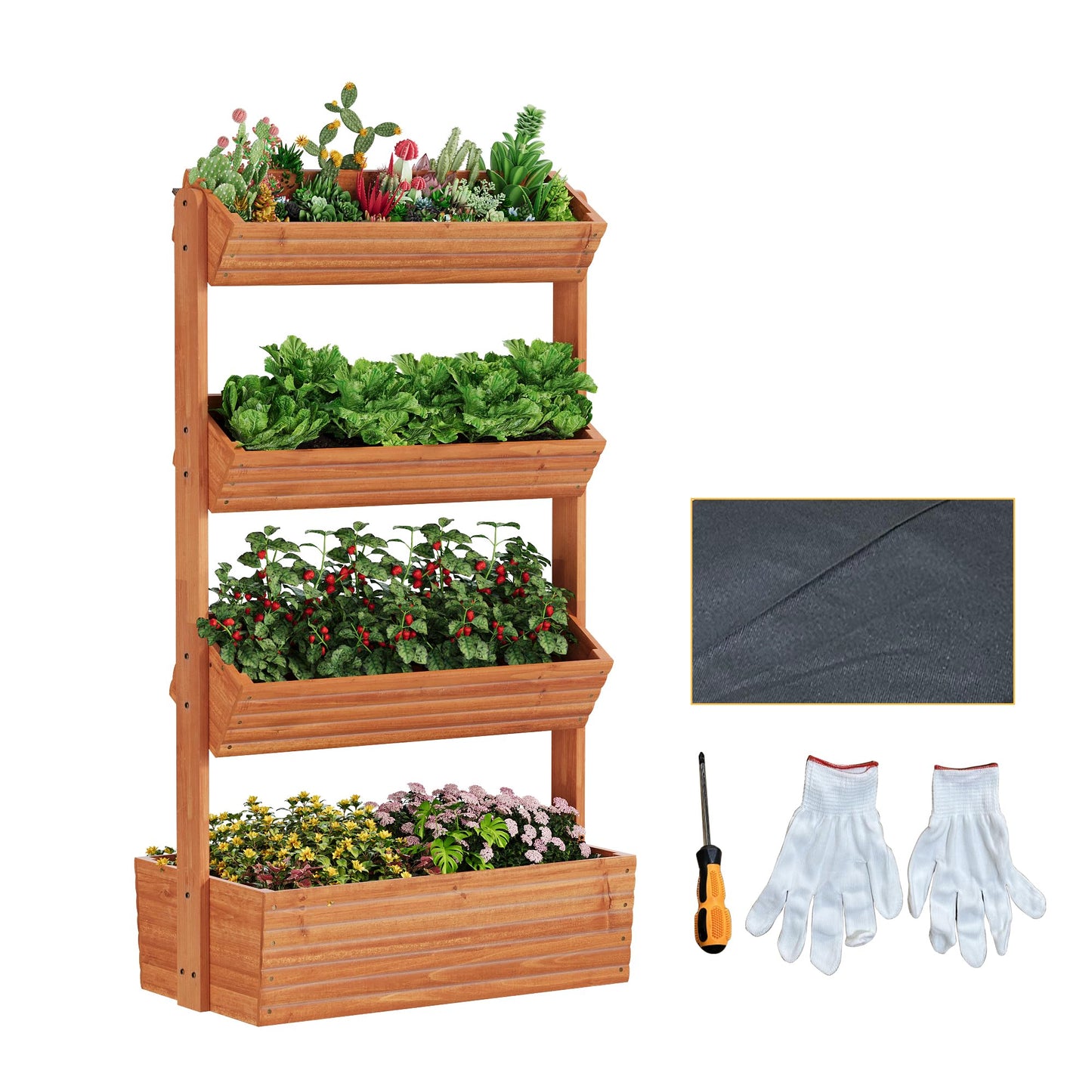 RHINEINMIST Vertical Wooden Raised Garden Bed Planters Wood Planter Kit Plant Stand Flower Rack Planter Box Gardening for Plants Herbs Flowers Vegetables Outdoor Indoor Freestanding (Orange 4-Tier)
