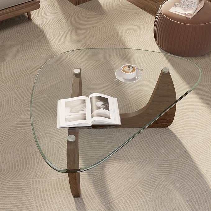 Modern Glass Coffee Table, Triangle Center Table with Tempered Glass Top& Unique Wooden Base, 35.5” Mid Century Tea Tables for Living Room, Apartment, Office,Walnut &Transparent