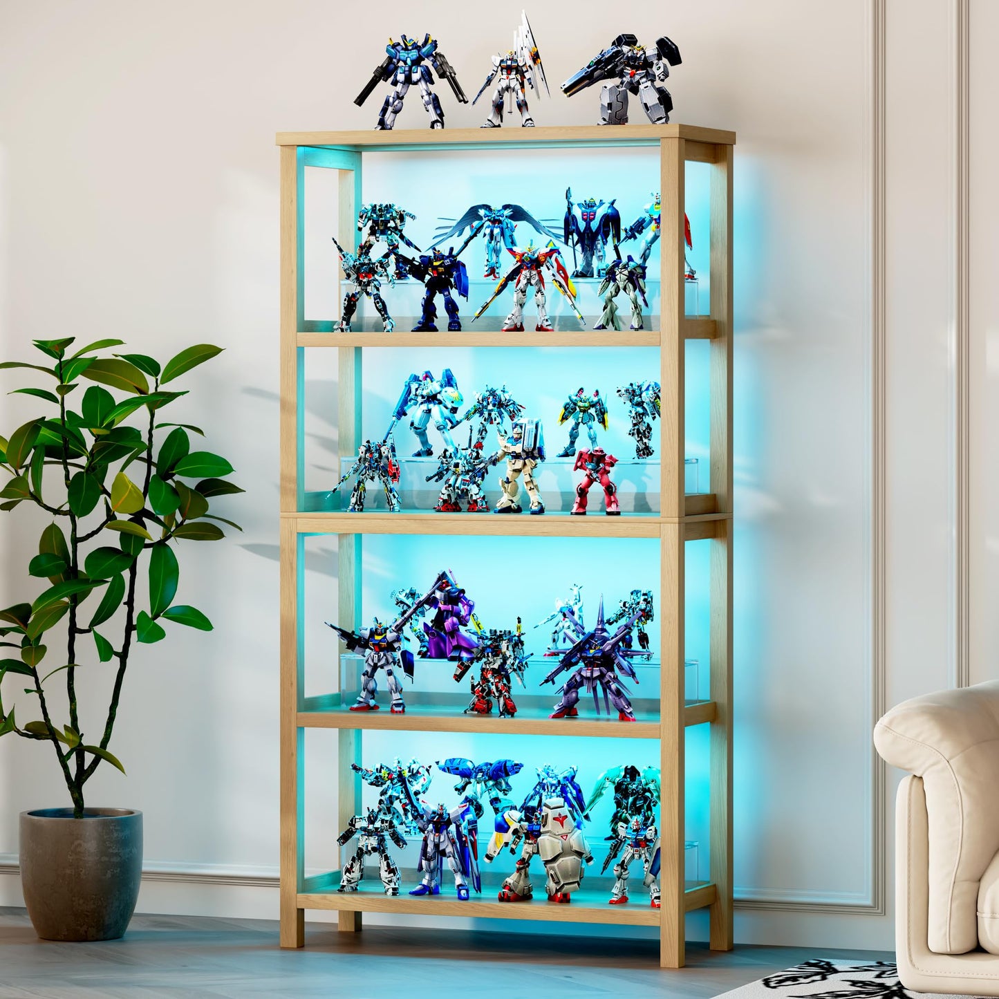 Vlsrka Wooden Bookshelf with Lights, 5 Tier Bookshelf with Storage, Tall Bookcase with Open Shelves, Standing Bookshelves Display Rack for Living Room, Home Office, Brown