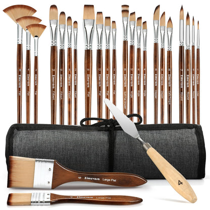 Zimuvora 25pcs Paint Brush Set, Professional Paint Brush Set with Cloth Roll and Paint Spatula, Nylon Brushes for Acrylic Painting,Watercolor,Oil,Gouache, Art Supplies for Beginners and Artists (Wood)