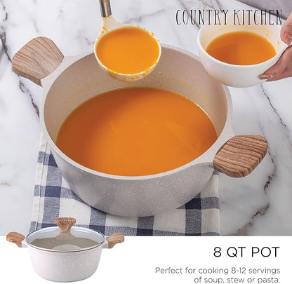 Country Kitchen Non-Stick Cast Aluminum Cookware Set - Durable Kitchen Cookware for Everyday Cooking, Speckled Cream, 6 Pc.