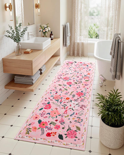 Macgace Pink Floral Runner Rug, 2x6 Flowers Printed Washable Rugs with Non Slip Backing for Girls Bedroom Kitchen Hallway, Cute Carpet Runners Home Aesthetic Decor