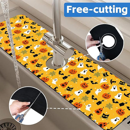Halloween Pumpkin Bat Ghost Kitchen Sink Splash Guard Mat Absorbent Fast Drying
