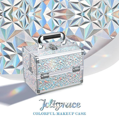 Joligrace Makeup Train Case Makeup Case Organizer Portable Cosmetic Box Storage with 2 Trays Mirror Locking with Keys Make Up Travel Case Nail Kits Traveling Makeup Box Shiny Silver
