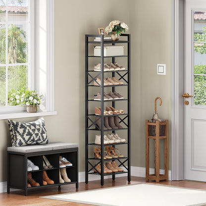 YATINEY 10-Tier Narrow Shoe Rack, Tall Shoe Rack for 10-20 Pairs, Shoe Storage Shelf with 2 Non-Woven Drawers, SS68BC-SS11BR
