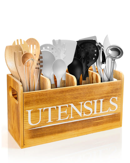 brekle Kitchen Utensil Holder for Kitchen Counter Large Wooden Organizer for Cooking Utensils Utensil Holder Counter Farmhouse Décor (Farmhouse Wooden)