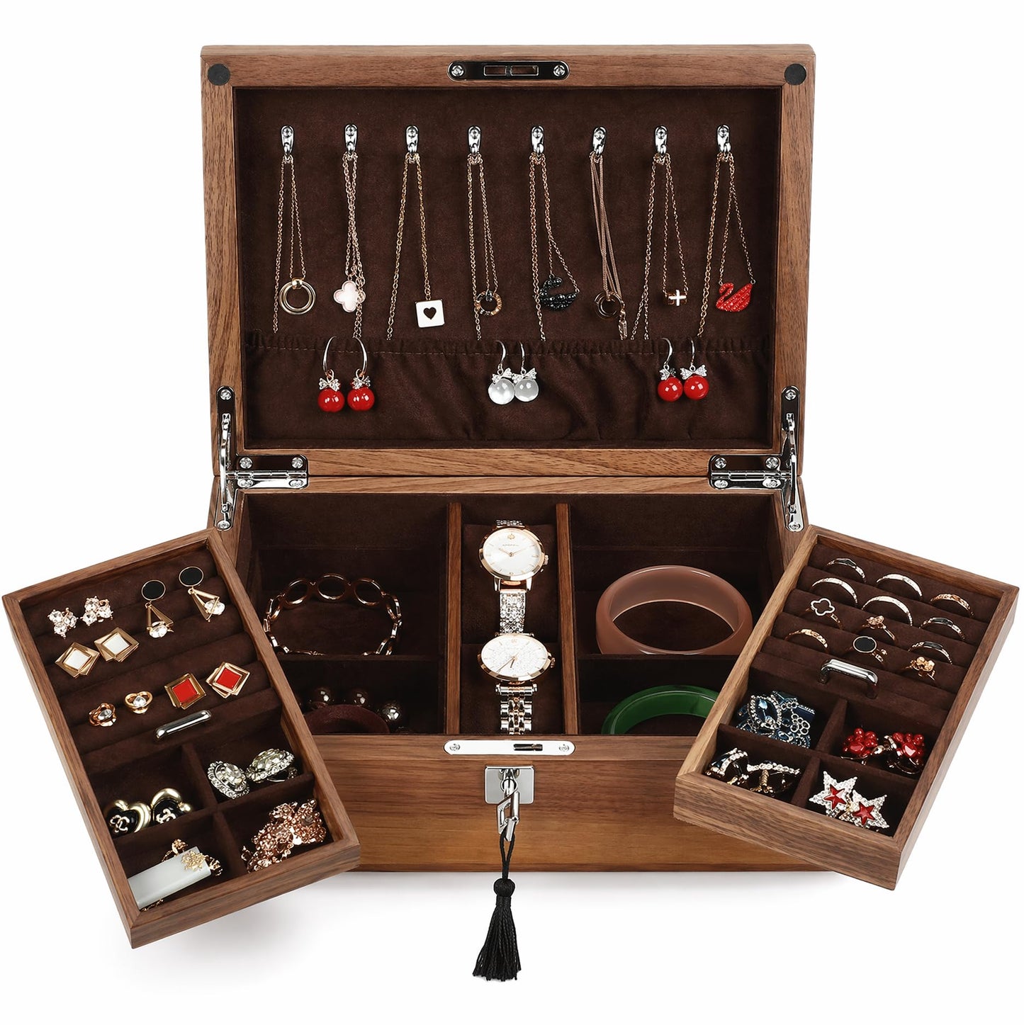 LIBOLXSP Black Walnut Jewelry Box with Privacy Lock Solid Wood Jewelry Organizer with Premium Velvet Lining Mid-Sized Keepsake Valet Box for Watches Rings Necklaces Cufflinks Unisex Gift for Men Women