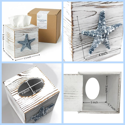 Ovimyne Coastal Tissue Box Cover Wooden Retro with Sliding Bottom Panel Beach Decor for Bathroom Bedroom Living Room,Starfish Decor Suitable for Coastal Gifts Beach House Gifts