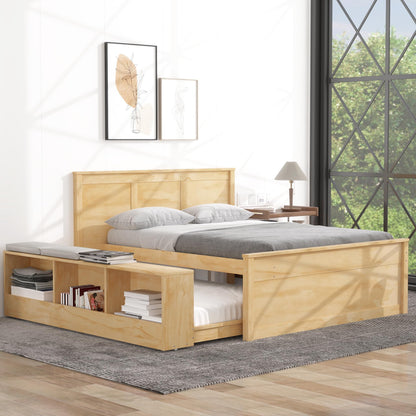 Merax Classic Wooden Platform Bed with Trundle Bed and Storage Cabinet, Full Storage Bed Frame with Headboard for Bedroom, Guest Room,No Box Spring Needed,Easy Assemble, Natural