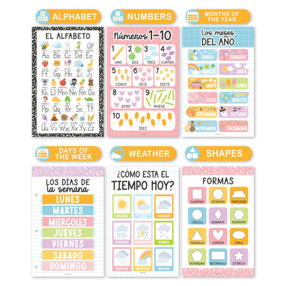 Hadley Designs Spanish Posters for Classroom - 12 Bilingual Educational Posters for Spanish Classroom Decorations Must Haves, Calendario y Alfabeto en Español Para la Pared, Pastel Teacher Supplies