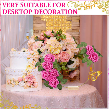 Suncalla 6 Pack Floral Hoop Centerpieces Table Decorations Kit Include 6 Metal Wreath Ring with 6 Wood Base 50 Rose Flower 12 Faux Butterfly for DIY Home Wedding Table Decor (Gold Hoop, Fuchsia Rose)
