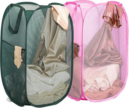 Pop Up Laundry Hamper Thick Mesh Collapsible Laundry Baskets, Large Side Pocket