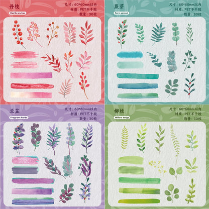 Doukado 180 Pcs Watercolor Leaf & Branch PET Stickers, 6 Packs Aesthetic Botanical Foliage Decals with Brushstroke Background Strips, Transparent Nature Ephemera for Junk Journal, Scrapbooking & DIY