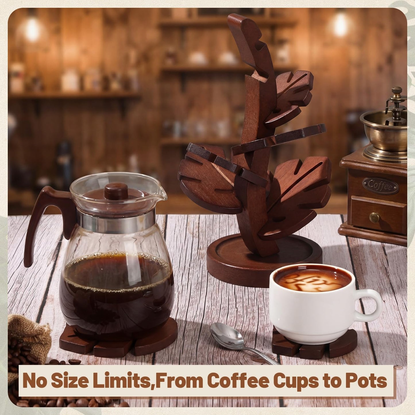 Zhehao 7 Pcs Bamboo Wooden Tree Trivets with Storage Stand, Tea Brown Tree Shape Coaster Trivet Set for Hot Dishes Pot Bowl Teapot Heat Resistant Mat Set for Countertop Kitchen Dining Table