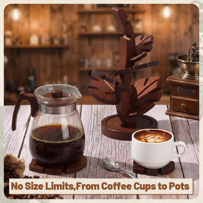 Zhehao 7 Pcs Bamboo Wooden Tree Trivets with Storage Stand, Tea Brown Tree Shape Coaster Trivet Set for Hot Dishes Pot Bowl Teapot Heat Resistant Mat Set for Countertop Kitchen Dining Table