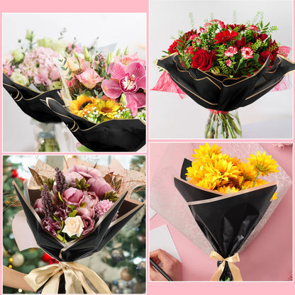 Yahenda 420 Sheets Black Flower Wrapping Papers:23" x 23" Black Flower Bouquets with Gold Edge Korean Style Wrapping Paper for DIY Gifts Craft Floral Supplies Packaging
