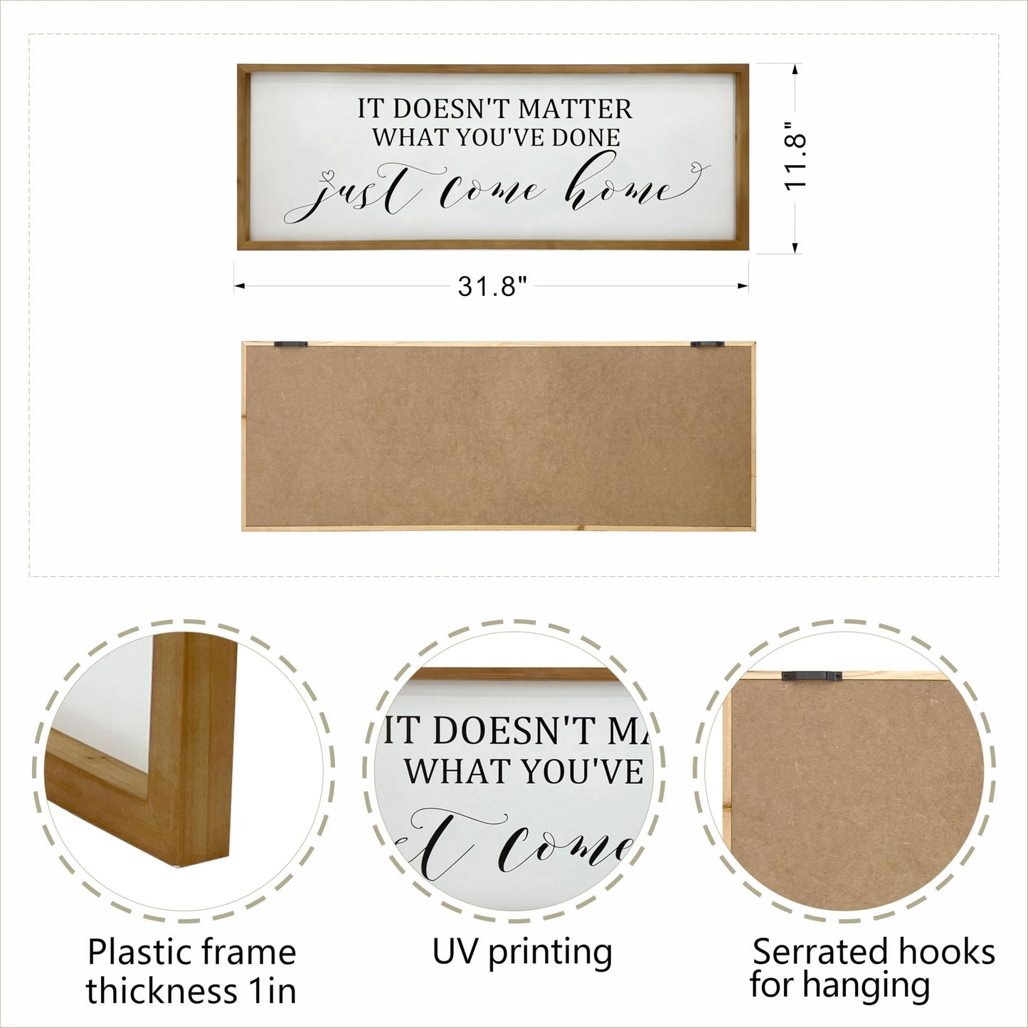 Sign Wall Decor Inspirational Quotes Wood Framed Kitchen Home Simple Hanging Wall Ar Decor Above Front Door Entryway, Family Love - 32'X12' (Just Come Home)