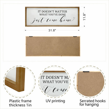 Sign Wall Decor Inspirational Quotes Wood Framed Kitchen Home Simple Hanging Wall Ar Decor Above Front Door Entryway, Family Love - 32'X12' (Just Come Home)