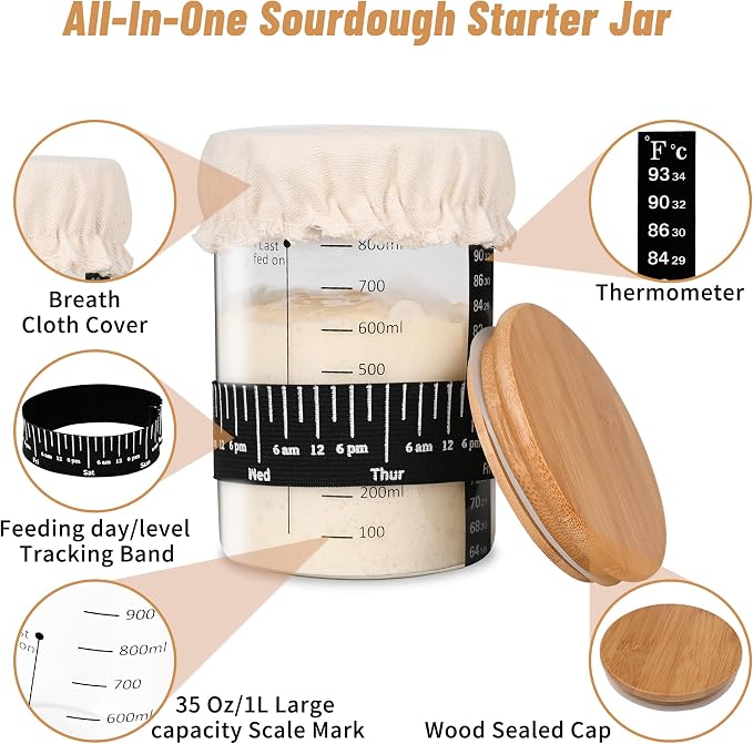 Xileanalee Pro Sourdough Starter Jar Kit- 35 Oz Large Sourdough Starter Glass Jar with Date Marked Feeding Band,Thermometer,Spatula,Cloth Cover& Lid for Sour Dough Bread Loaf
