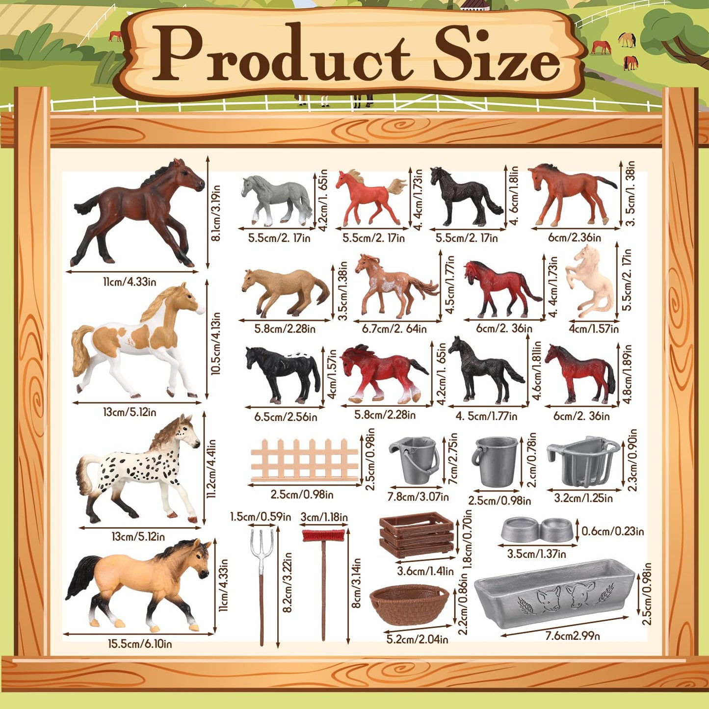 Gerrii 33 Pcs Realistic Horse Figurines Set, 16 Horses Breeds with Wooden Fences Farm Accessories for Tabletop Display Cake Topper Horse Lover Collector Birthday Gift