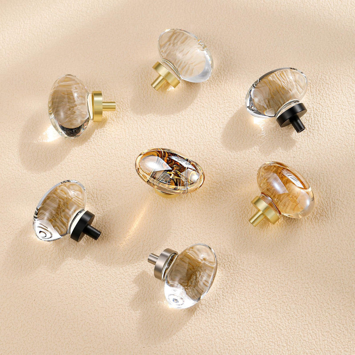 CLCTK 8 Pack Champagne Crystal Cabinet Knobs, Gold Cabinet Glass Knobs for Dresser Drawers Brass Furniture Hardware Pulls (Oval)