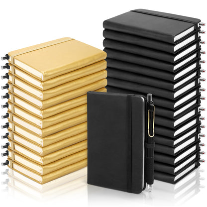 Aodaer 50 Sets Graduation Gifts Pocket Notebook Journal with Pens, 160 Page, 3.5 x 5.5 Inch Mini Lined Journal Notebook A6 Leather Hardcover Notepad with Pen Holder for School Office, Black and Gold