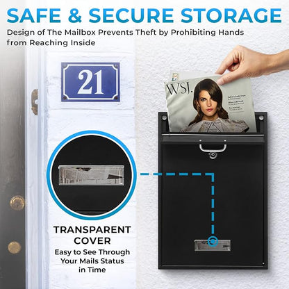 Wall Mounted Locking Vertical Dropbox Mailbox - Safe and Secure (Large) | Made with Galvanized Steel (Black)