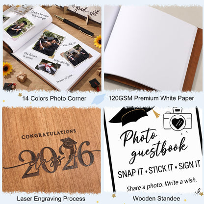 Thenshop 2026 Graduation Guest Book Set, Wooden Photo Album Scrapbook 126 Pages, Guest Book Sign, Pen, 360 DIY Photo Corners for Class of 2026 Grad Party Decorations Favors Gifts (Natural Wood)