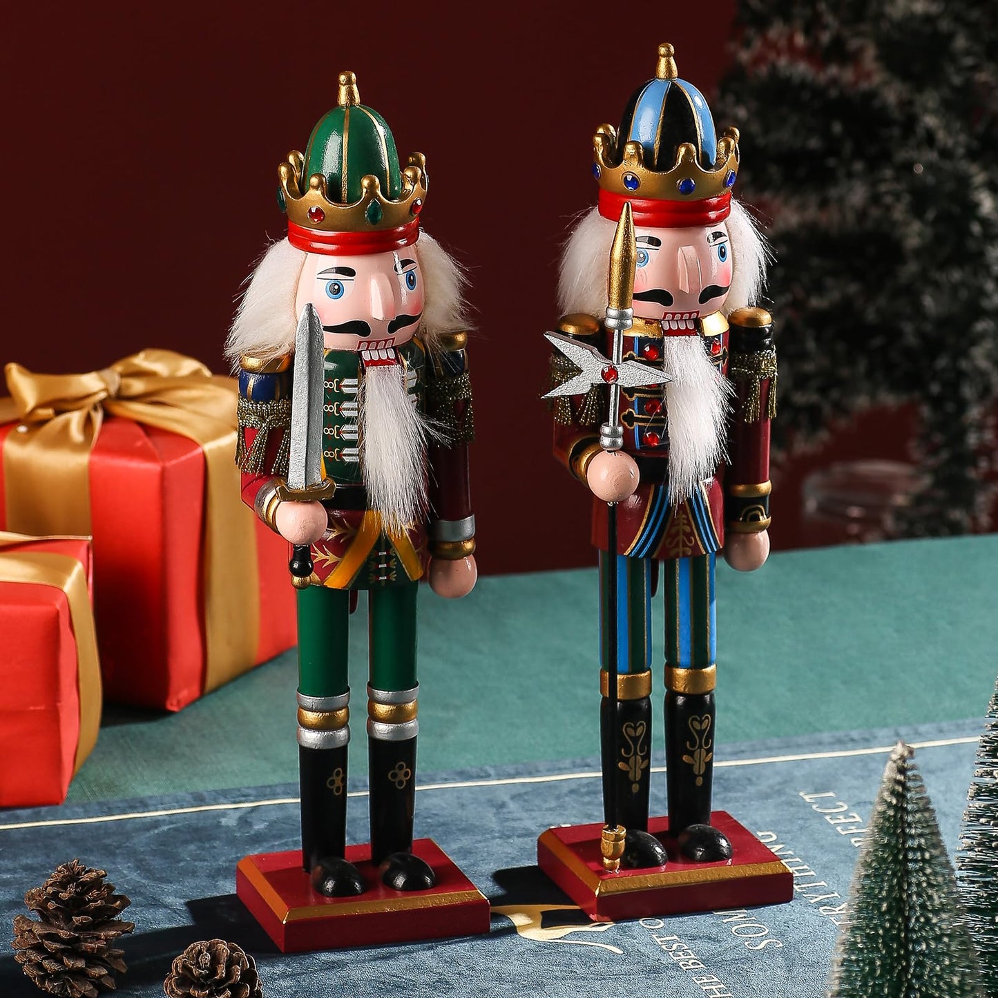 KoolShare 12-Inch Christmas Nutcracker Figurines, Set of 2 Traditional Wooden King & Soldier with Sword & Spear, Handcrafted Standing Holiday Decorations for Fireplace, Shelf, or Tabletop Display