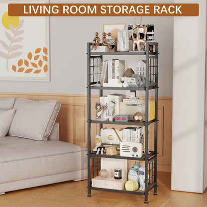 GIOTORENT 5-Tier Pantry Shelves with Wooden Boards, Heavy Duty Storage Shelves & Book Shelf, Adjustable Metal Shelving Unit for Kitchen Bathroom Laundry Organizer, Sturdy Rust-Resistant, Black