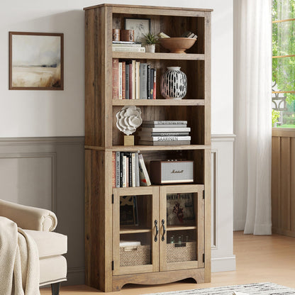 LINSY Bookshelf with Doors, 6 Shelf Bookcase Tall Bookshelves, 73" Farmhouse Book Shelf with Storage Cabinet, Wood Book Shelves for Living Room, Bedroom, Office, Rustic Brown