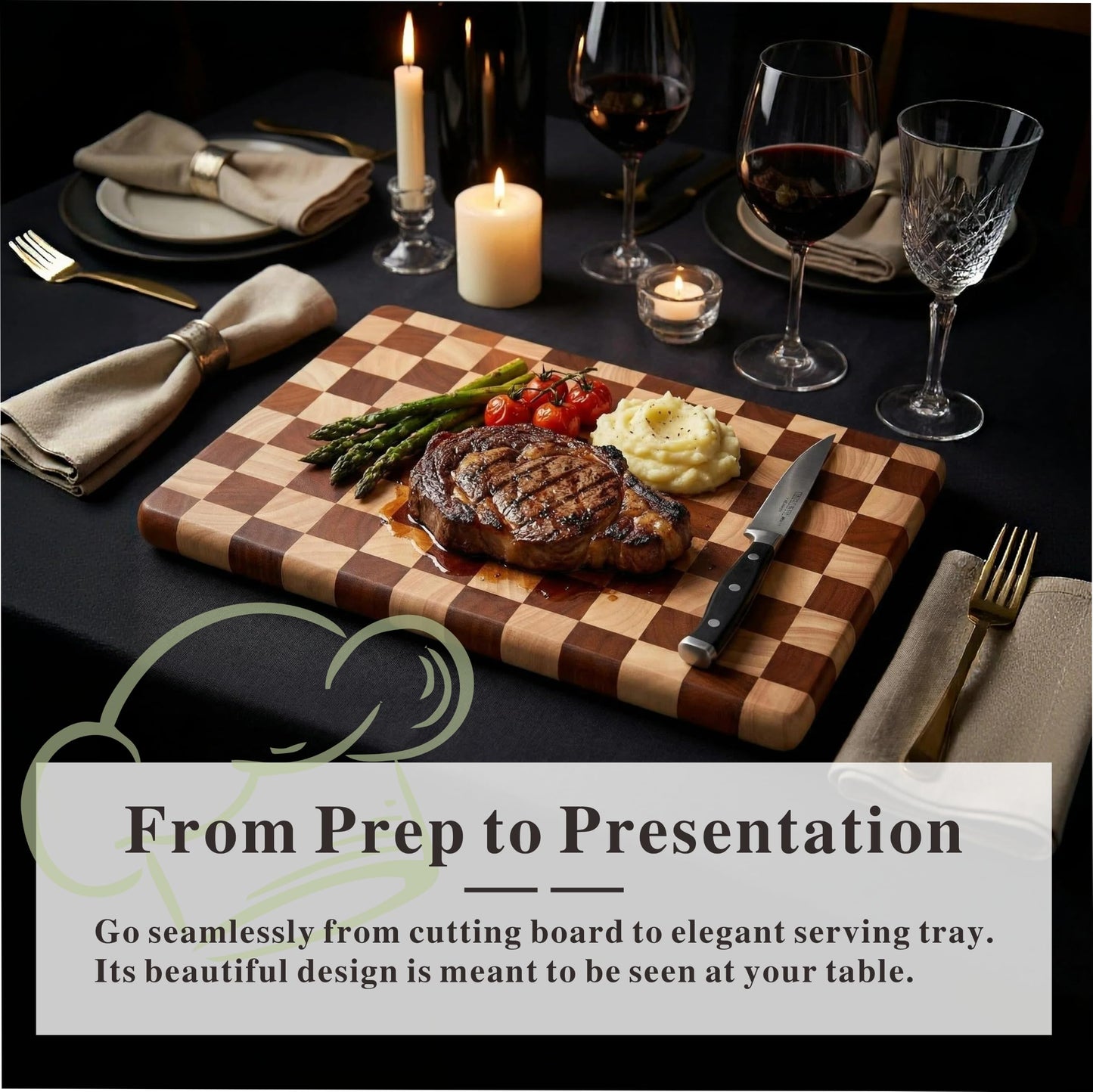 Checkered Cutting Board for Kitchen, 16"L x 11"W x 1"Th – Wooden Chopping, Cheese & Charcuterie Board in Acacia Wood, Butcher Block Serving Tray for Meat, Fruit, Bread & Vegetables